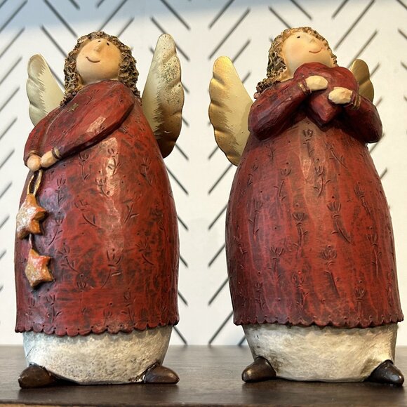 2 Curly Haired Angel Wing Figurines Red Robes Gold Heart Stars Christmas 6.5" - Picture 11 of 11